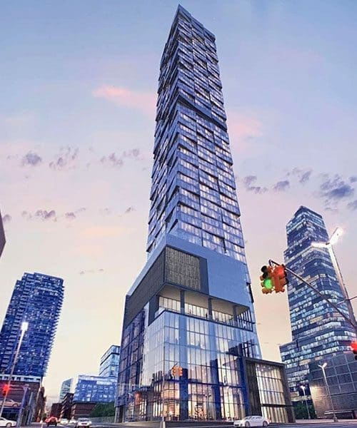 A tall building with many windows in the middle of it