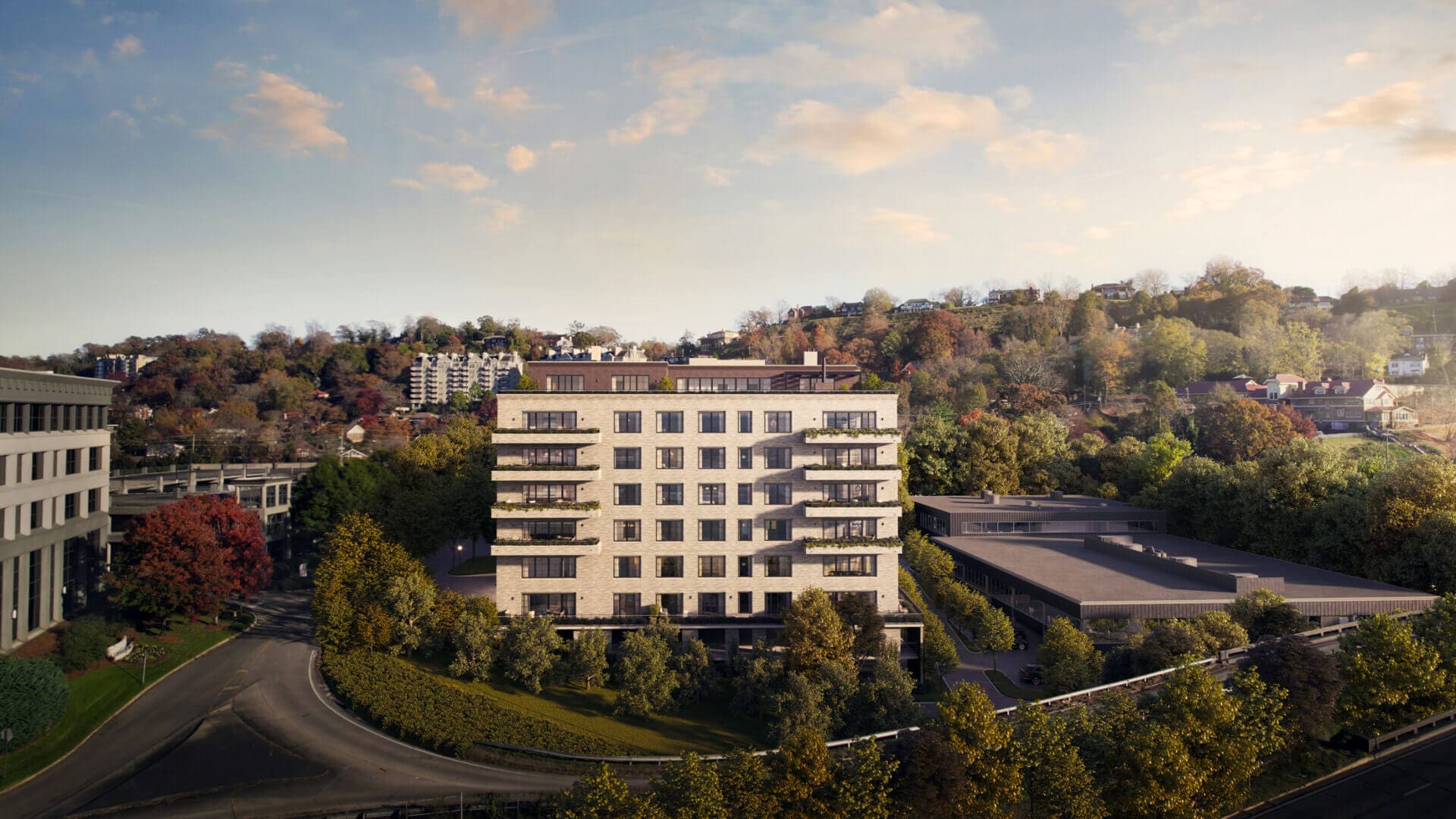 A rendering of the building with trees in front.